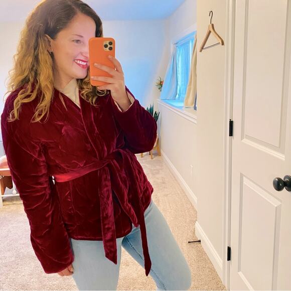 Rebecca Taylor Red Velvet Quilted Belted Coat Large - Picture 1 of 14
